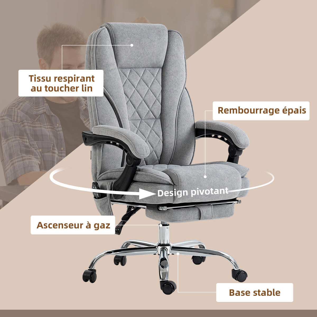 CHEFSESSEL mit massage- & heizfunktion DE-11729 neigbar Grau - Hellgrau, Textil (72/119/67cm) - ComfortXL