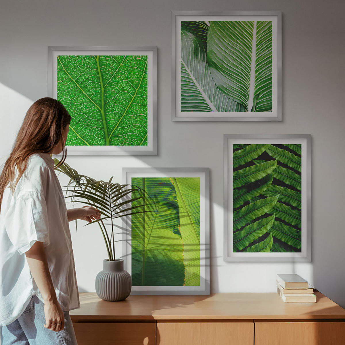 WANDBILDER 4er Set - 50x50 cm & 40x60 cm Silberner Rahmen - Nahaufnahme von tropischen Blättern - Silberfarben, Kunststoff (50/50cm) - ArtPrintCave