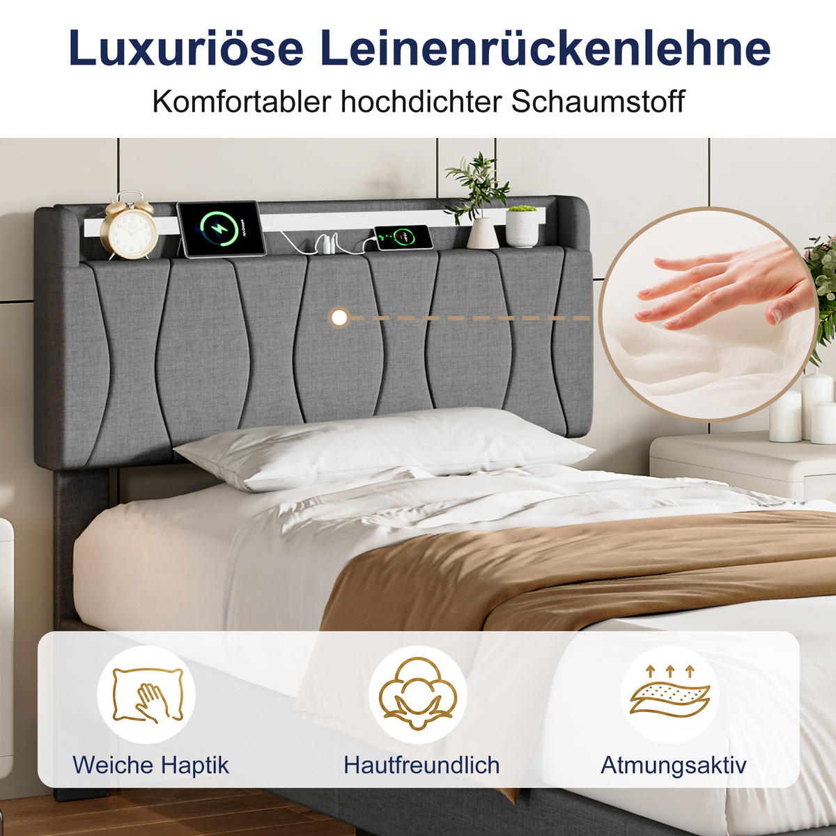POLSTERBETT 90x200 cm mit LED & USB, Lattenrost, Grau - Grau, Metall (90/200cm)