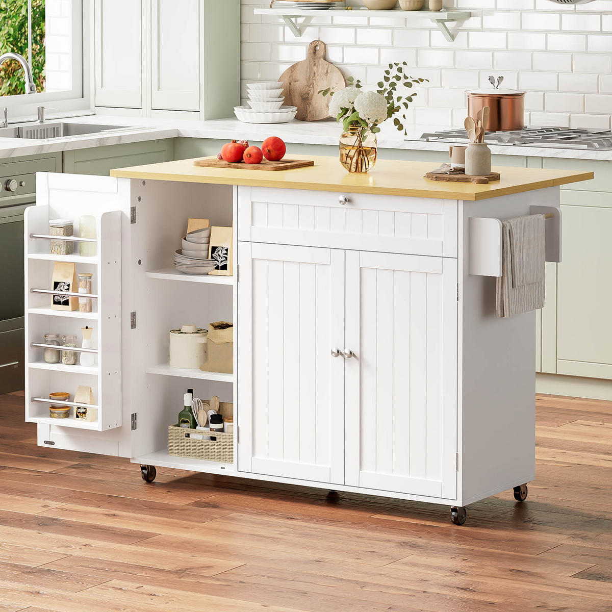 KÜCHENINSEL 120 cm FSC MDF Natur Weiß mit Klappbarer Arbeitsplatte und Bartisch Funktion - Weiß, Holzwerkstoff (70/92/120cm) - Korfee