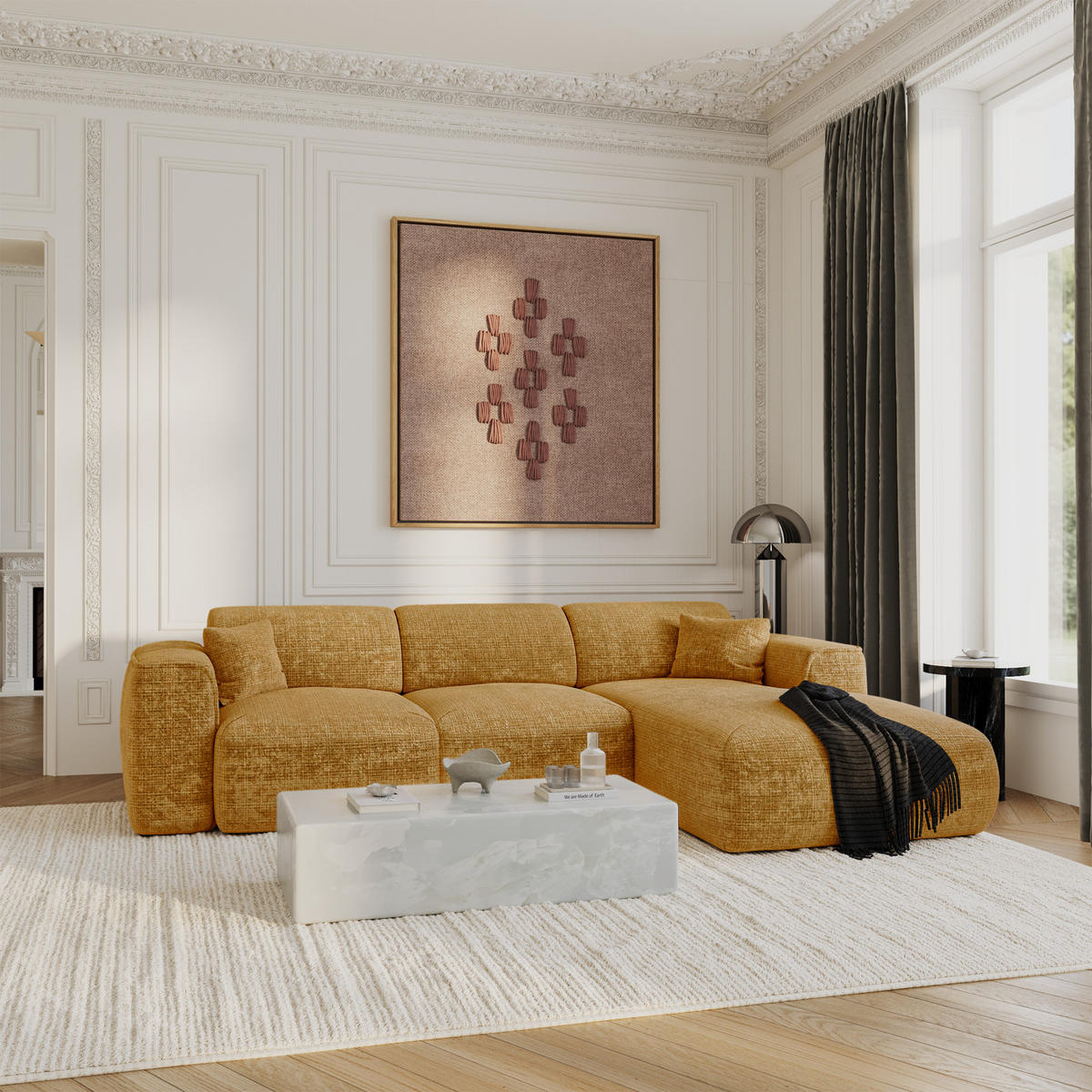 ECKSCHLAFSOFA Geprägter Samt Senf 283cm - Dunkelgelb, Textil (283/180cm) - Sia Home