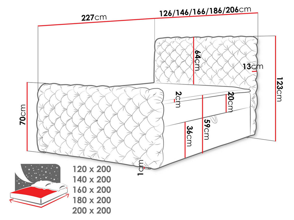 BOXBETT Chesterfield Lux - H3 - Schwarz, Holz (120/200cm) - MIRJAN24
