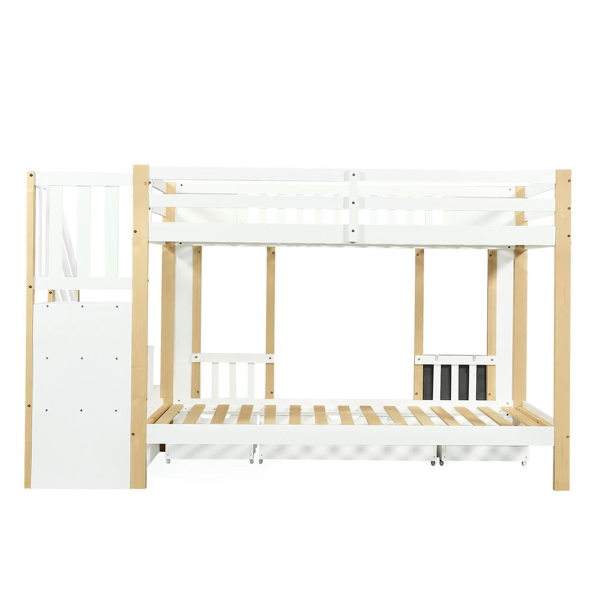 ETAGENBETT 90x200 platzsparendes Kinderbett mit Treppenschrank und 3 Schubladen auf Rollen, kleine Kritzeltafel, weiß-natur - Weiß, Metall (90/200cm)