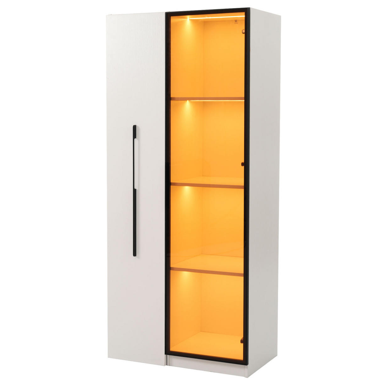 VITRINE 70/40/160 cm in Weiß mit LED-Beleuchtung und ausziehbarem Regal - Weiß, Holzwerkstoff (70/160/40cm) - Flora Grace