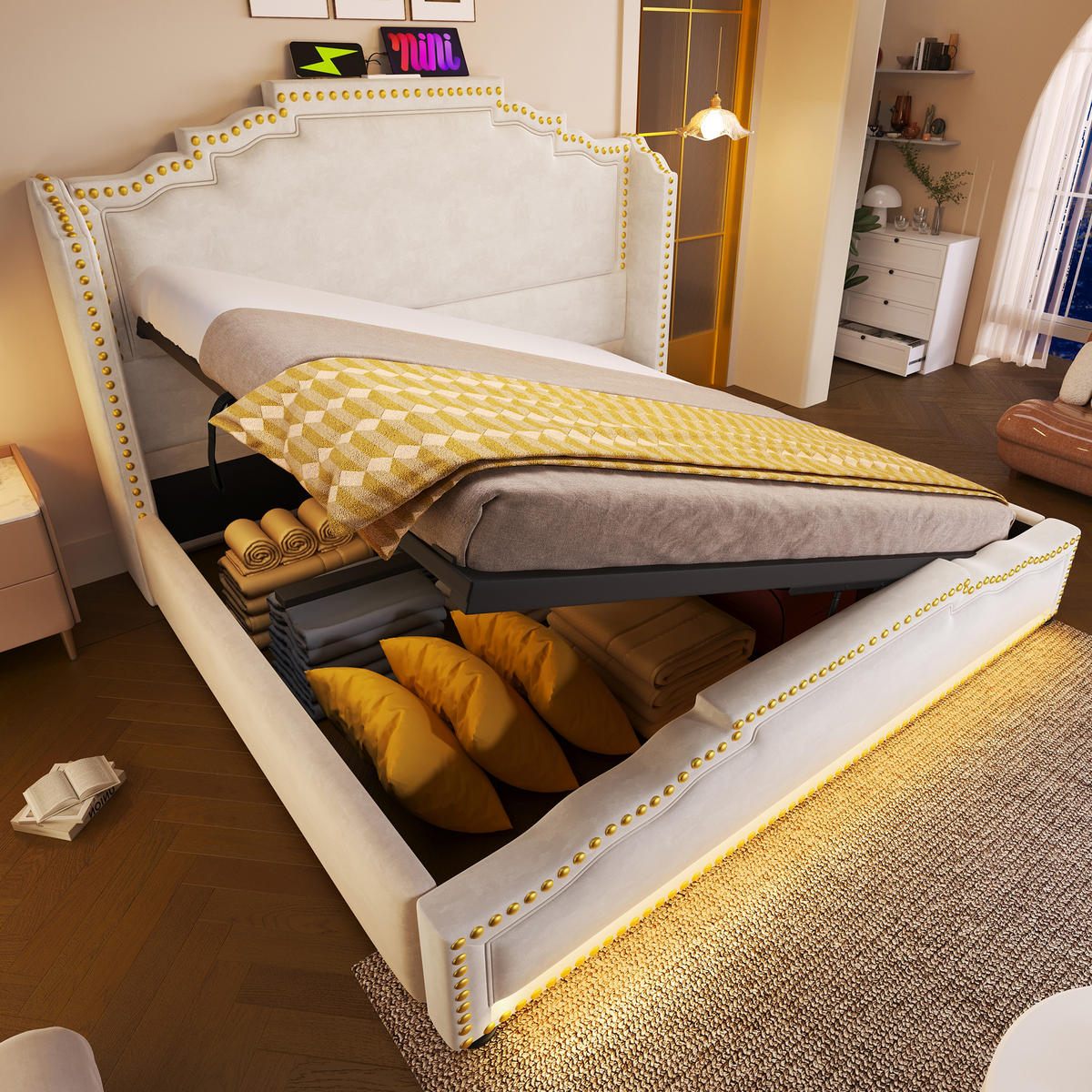 POLSTERBETT 160/200 cm Beige mit hydraulischem Stauraum und LED-Beleuchtung - Beige, Textil (160/200cm) - OKWISH