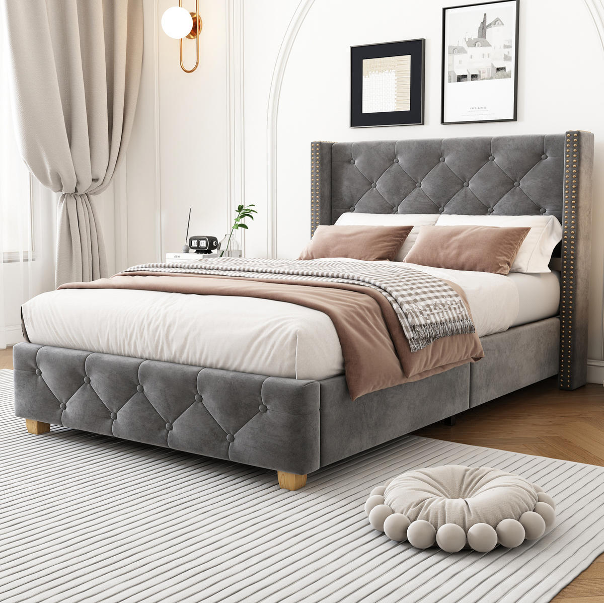POLSTERBETT 90/200 cm mit Lattenrost, Samtbezug, Knopfheftung und Nietenverzierung, Grau - Grau, Textil (90/200cm) - Redom