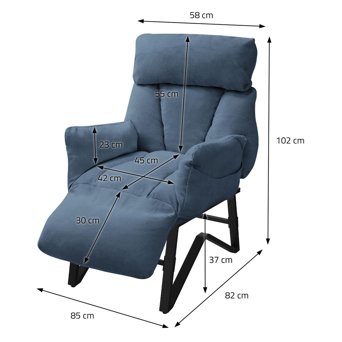 RELAXSESSEL Blau Leinenbezug verstellbar mit Armlehnen und Fußablage - Blau/Schwarz, Textil/Metall (85/102/82cm) - ML-DESIGN