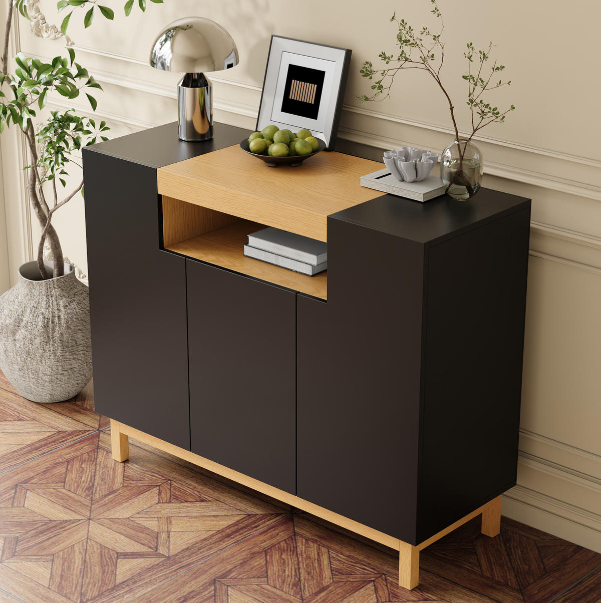 SIDEBOARD 120,5/42/96 cm aus Spanplatte mit 3 Türen und offenem Mittelfach Schwarz - Schwarz, Holzwerkstoff (120.5/96/42cm) - Modenvie