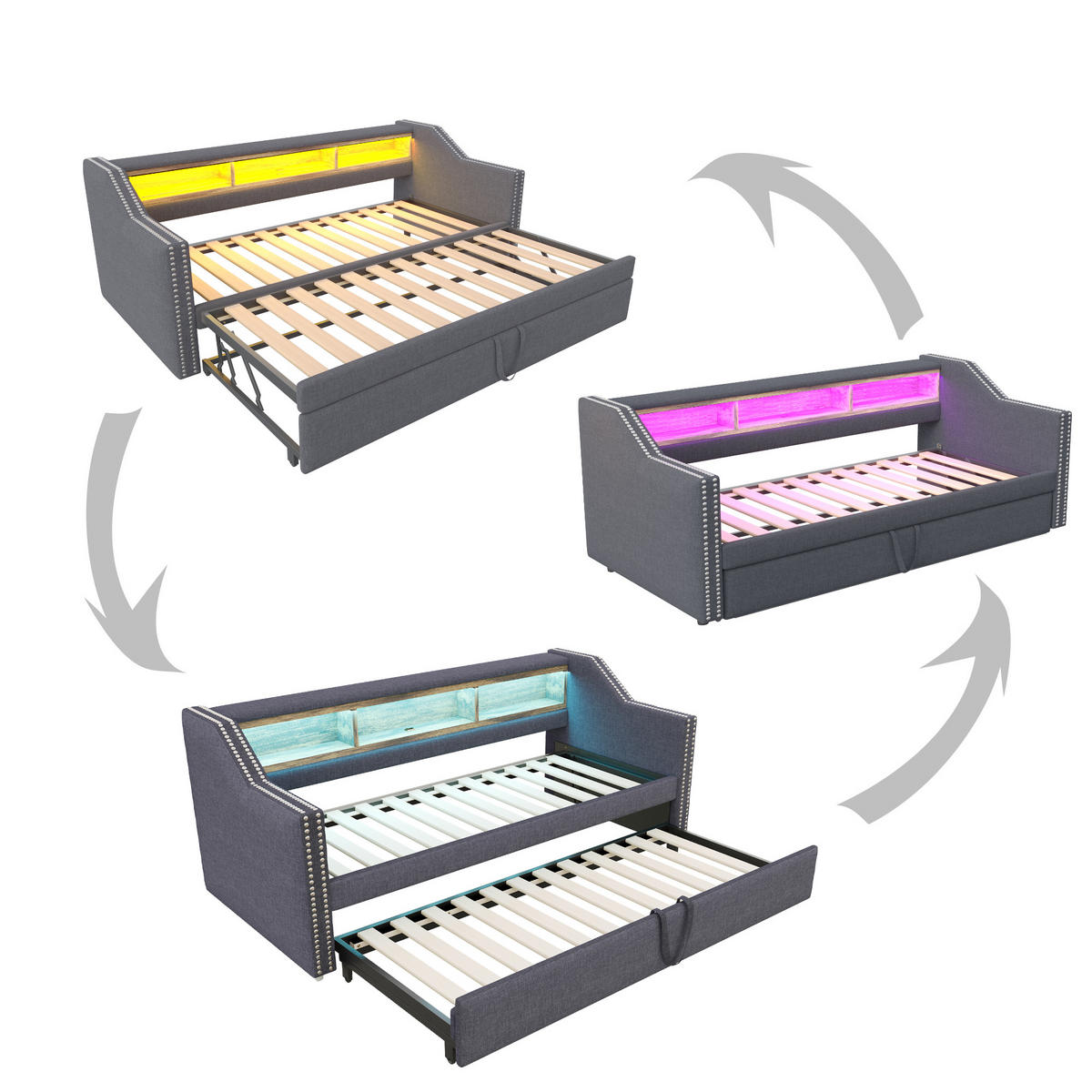 POLSTERBETT 90/180x190 cm Dunkelgrau Schlafsofa LED USB Lattenrost - Dunkelgrau, Naturmaterialien - FLIEKS