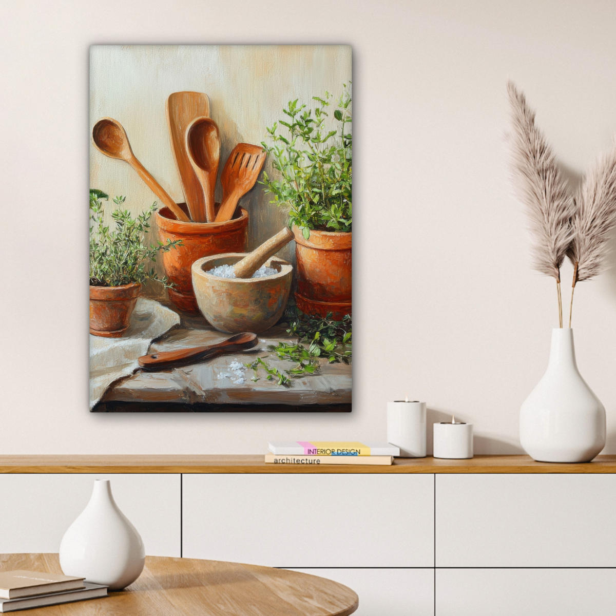LEINWANDBILD Töpfe - Kräuter - Holz Wandbild Wohnzimmer 60x80 cm - Terracotta, Textil (60/80cm) - MuchoWow