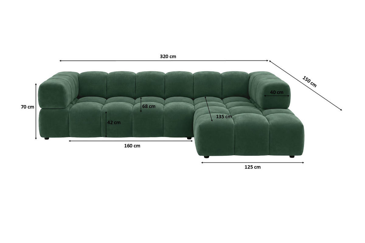 ECKSOFA L-Form, Veloursstoff Bluvel, Grün, Rechts, Averro XL - Grün, Holz (320/150cm) - Kaiser Möbel