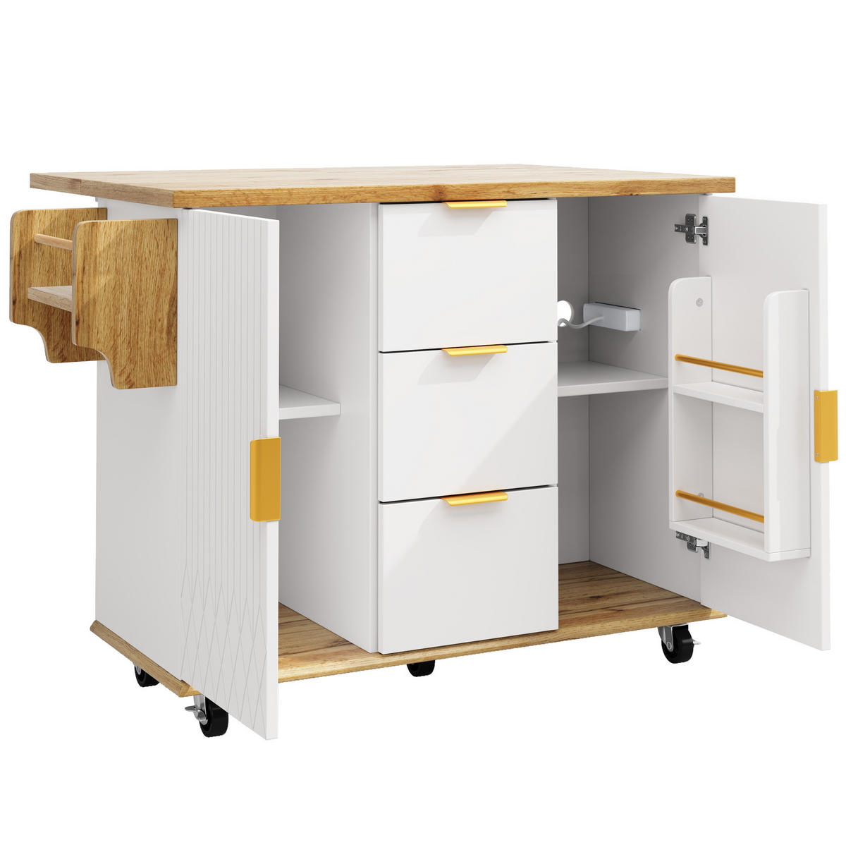 KÜCHENWAGEN mit ausklappbarer Arbeitsplatte, Steckdosen & Rollen Weiß - Weiß, Metall (46/88/134cm) - Beauniv
