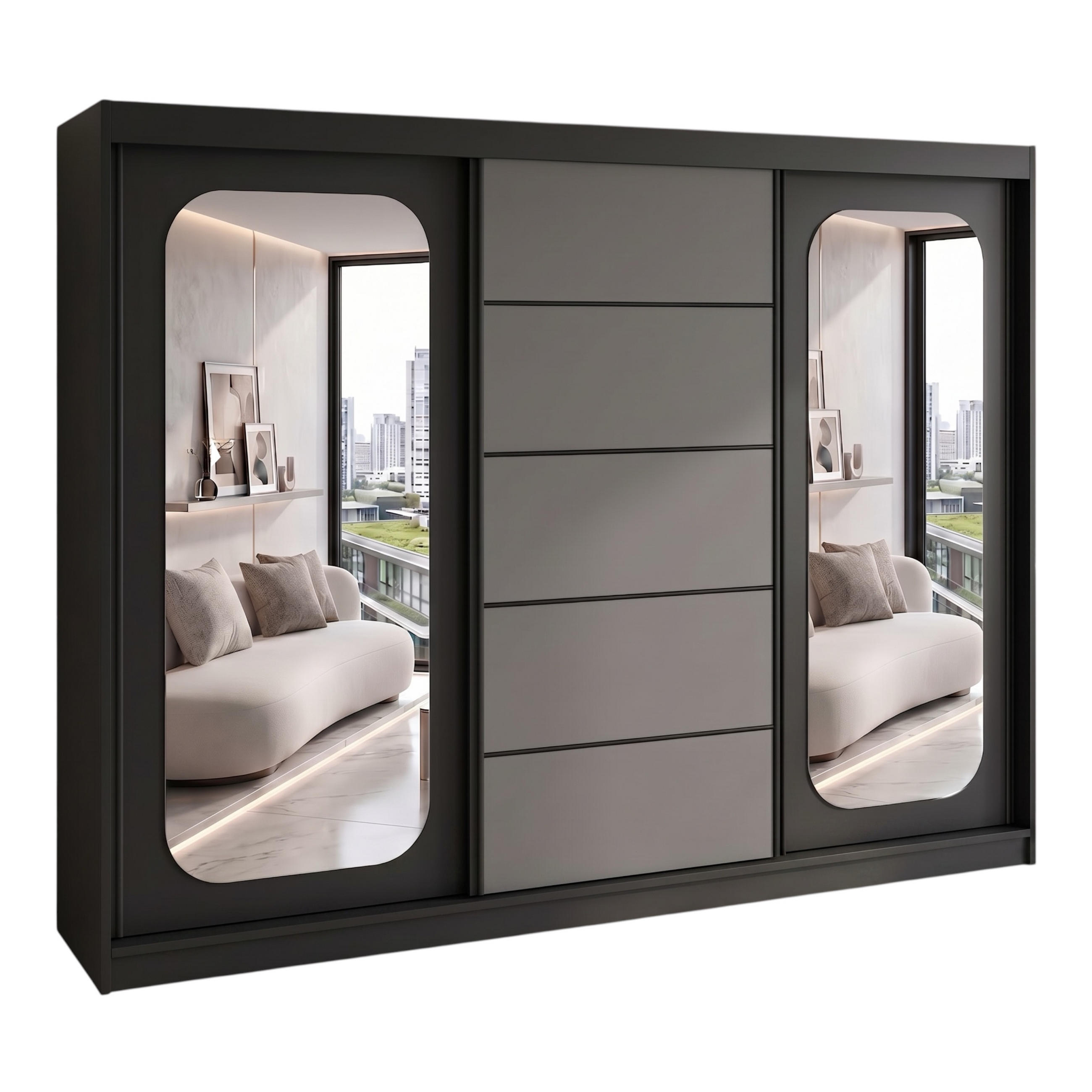 A&J MöbelLand Schwebetürenschrank Schwarz, Schwarz, Graphit, Schwarz 200x215x59.5 cm