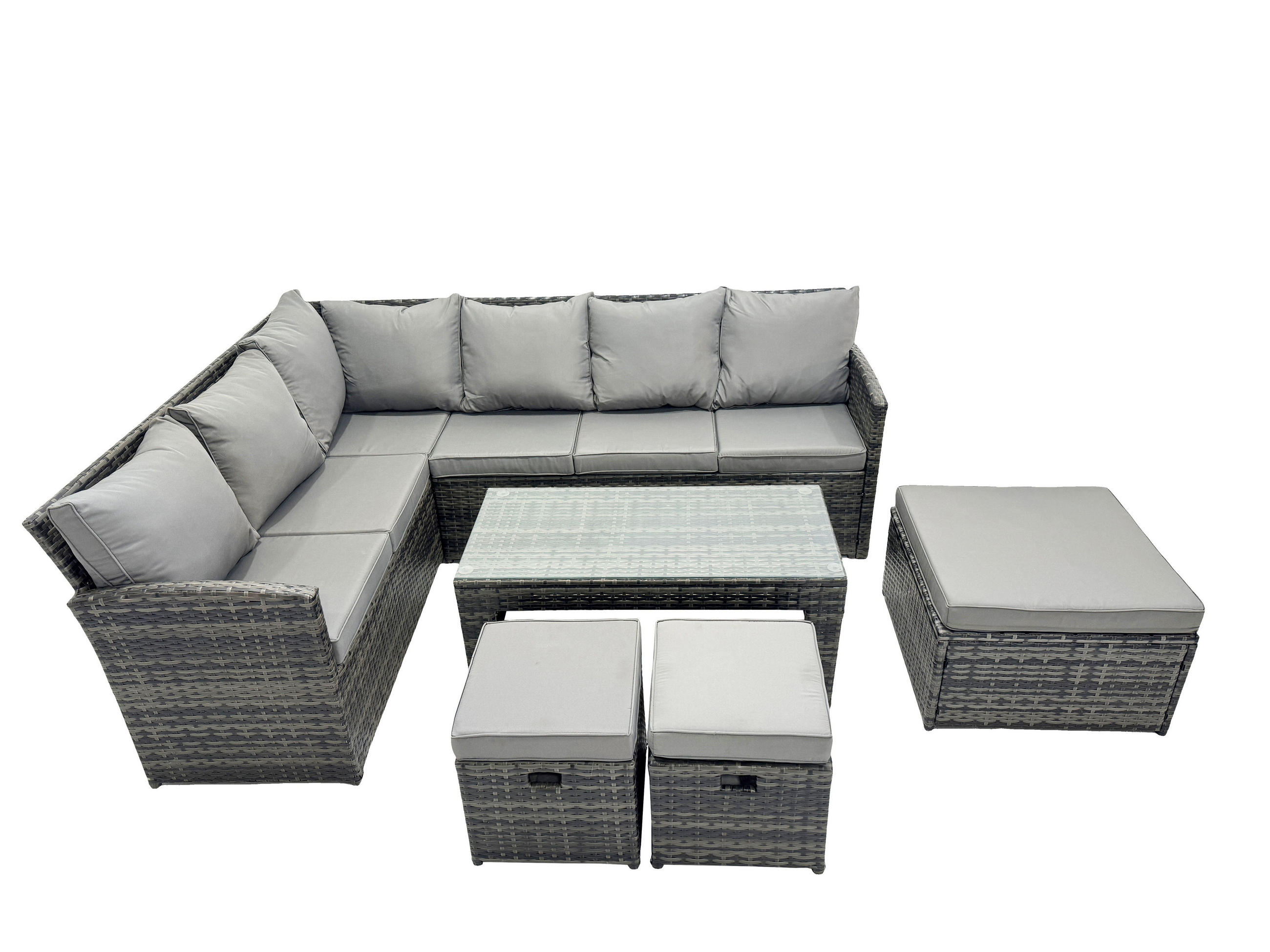 SITZGRUPPE mit Ecksofa,Länglicher Couchtisch Polyrattan 9-Sitzer - Dunkelgrau/Grau, Glas/Kunststoff - Fimous