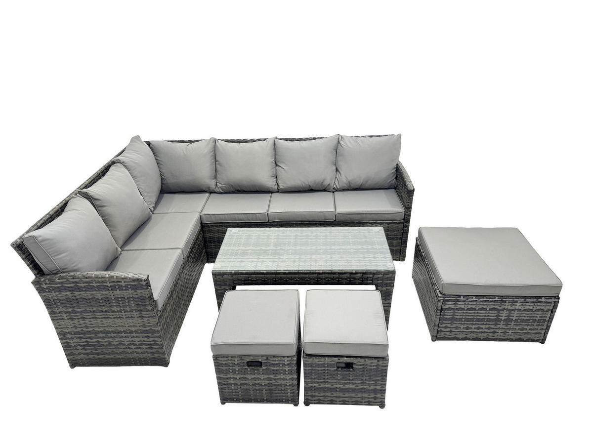 SITZGRUPPE mit Ecksofa,Länglicher Couchtisch Polyrattan 9-Sitzer - Dunkelgrau/Grau, Glas/Kunststoff - Fimous
