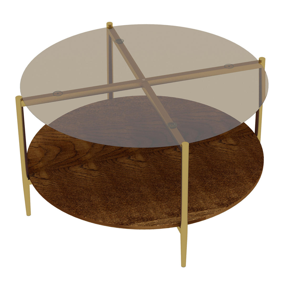 COUCHTISCH Ø82/45 cm in Gold mit Glasplatte und Holzablage - Goldfarben, Glas (82/82/45cm) - BEAOK