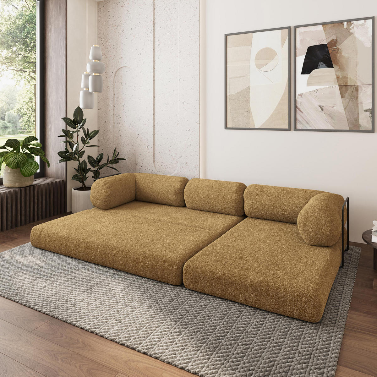 ROHOVÁ SEDAČKA KELI modulární Boneless pohovka s funkcí spaní, med QUELLE 17 - žlutá, textil (270/160cm) - MASSENO