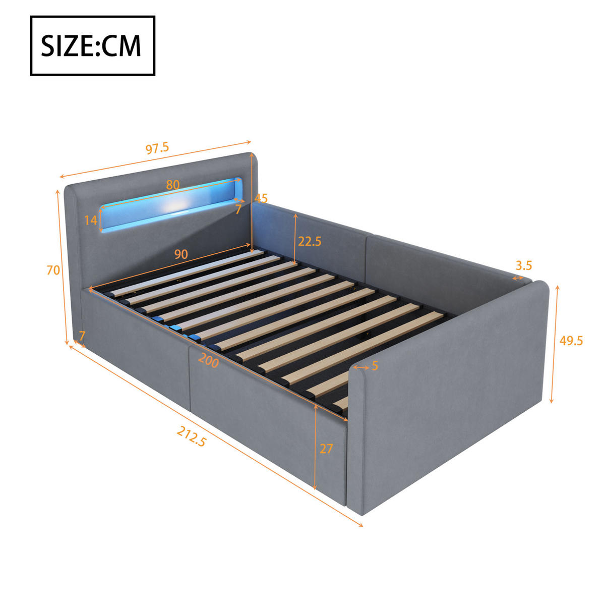 KINDEREINZELBETTEN aus Samtstoff 90 x 200 cm in Hellgrau mit LED, USB & Stauraum - Hellgrau, Textil (90/200cm) - Modfu