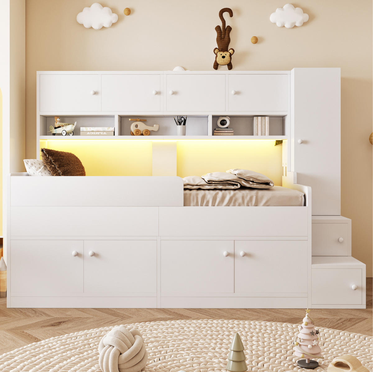 KINDERBETT 90/200 cm weiß aus Holz mit Stauraum, Schrank und LED - Weiß, Holzwerkstoff (90/200cm) - OKWISH