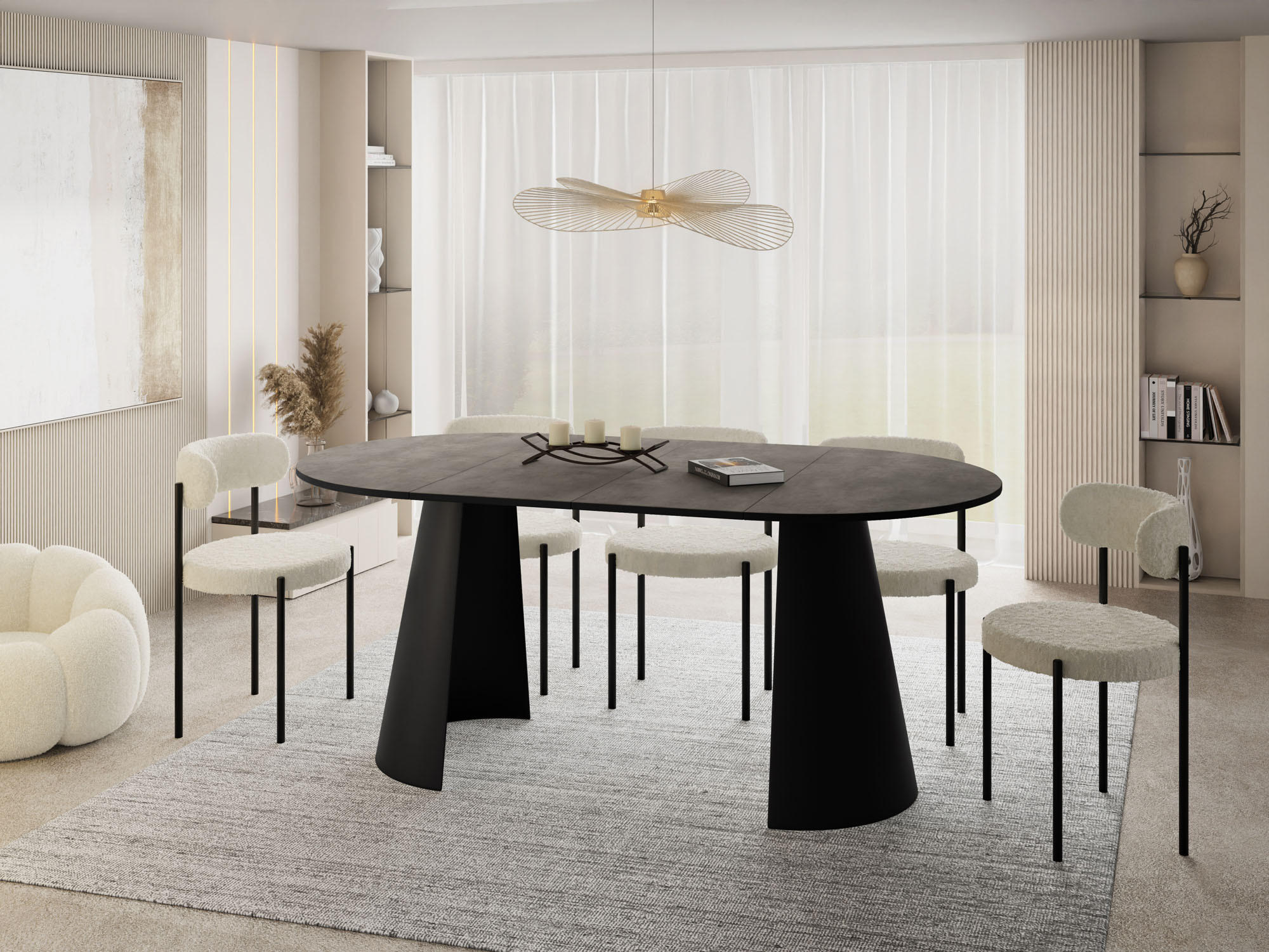 ESSTISCH Lamio runder ausziehbarer, Beton-Optik Dunkelgrau 100-180/100/76 cm - Dunkelgrau/Schwarz, Holzwerkstoff/Metall (100/100/76cm) - WFL GROUP