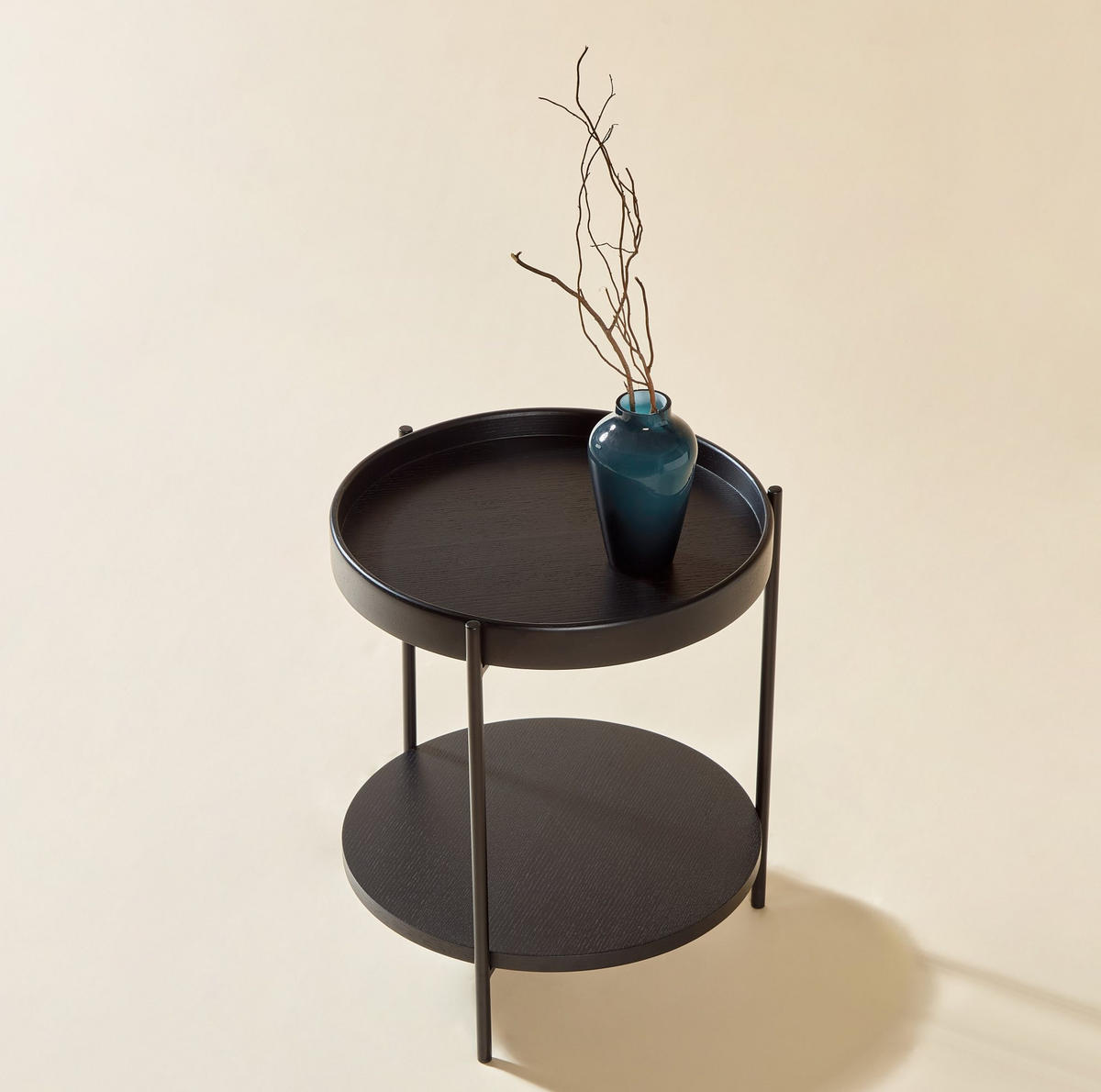 COUCHTISCH 69/69/38 cm aus Massivholz, MDF und Metall mit 2 Ebenen, Schwarz - Schwarz, Holzwerkstoff (44/44/48cm) - Modfu