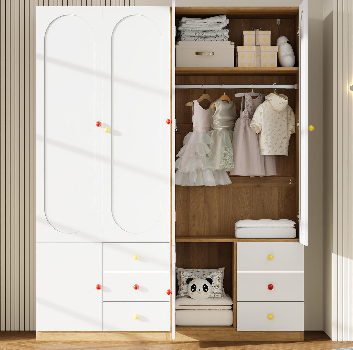KLEIDERSCHRANK aus MDF 160x45x200 cm Weiß mit 2 Türen, 3 Schubladen, Kleiderstange und Anti-Kipp-Schutz - Weiß, Holzwerkstoff (160/200/45cm) - Modfu