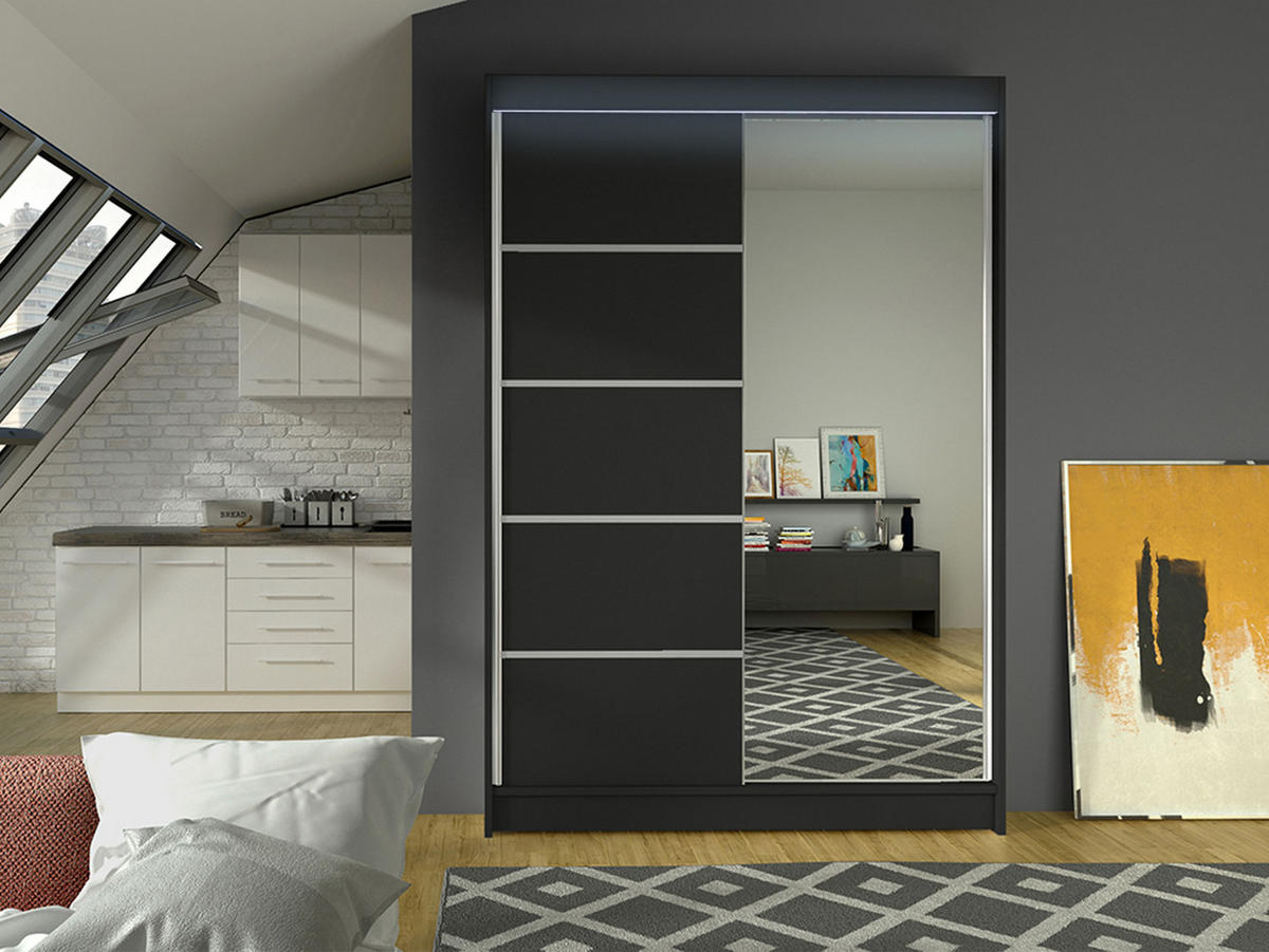 SCHWEBETÜRENSCHRANK Lino III mit RGB LED Beleuchtung - Schwarz, Holzwerkstoff/Metall (120/200/58cm) - MIRJAN24