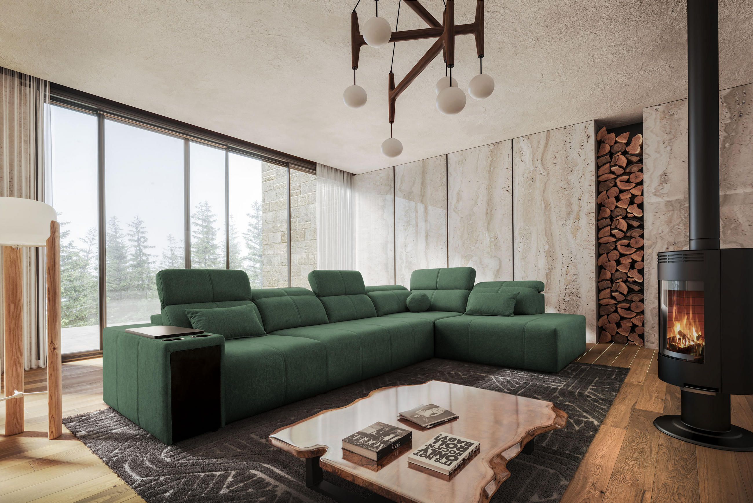 Thumbnail - Kaiser Möbel Ecksofa, Grün, Textil, 4-Sitzer, L-Form, Ottomane links, Ottomane rechts,L-Form, 350x230 cm, Wohnzimmer, So...