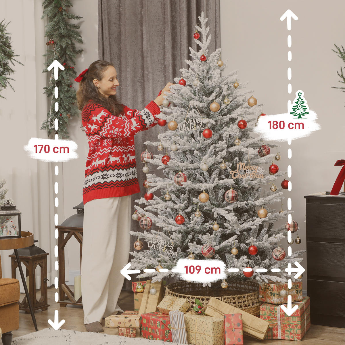 KÜNSTLICHER Weihnachtsbaum 180 cm künstlich Tannenbaum mit Schnee, 1976 Spitzen - Grün, Kunststoff (180cm) - HOMCOM