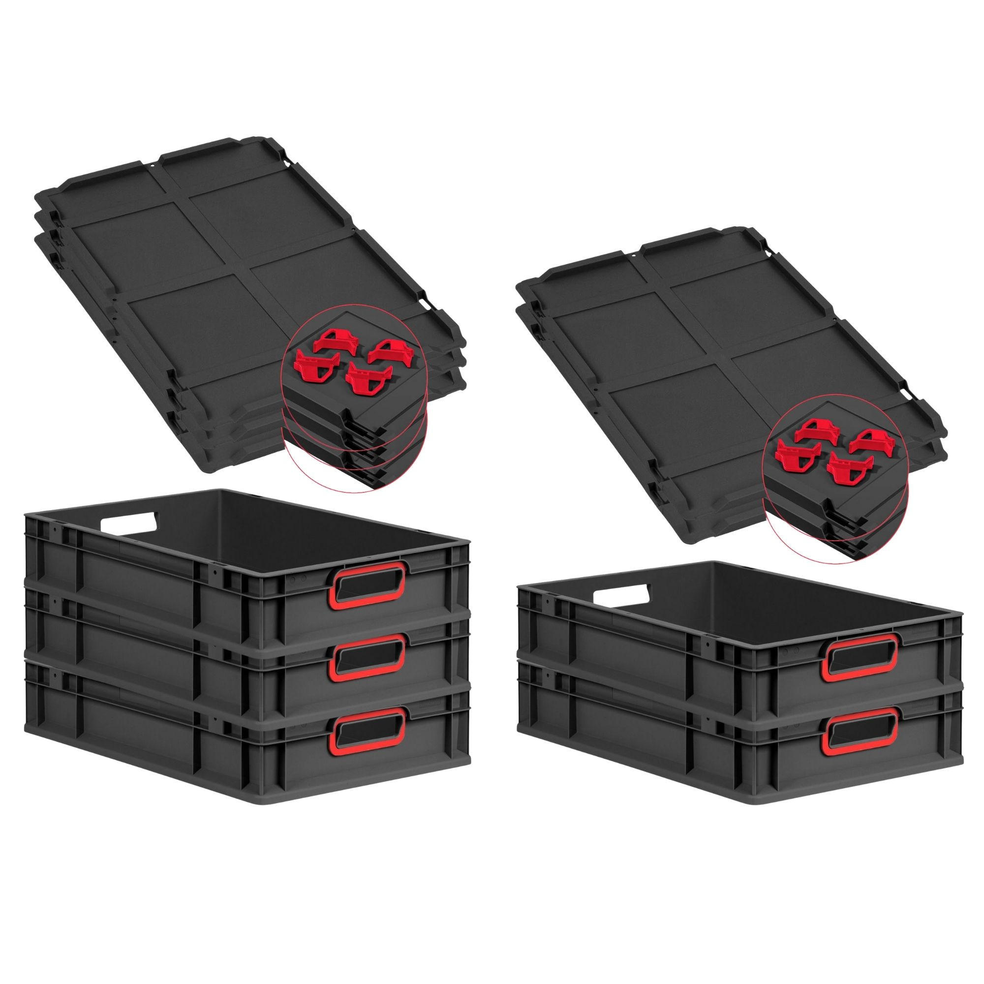 EUROBOX 5x NextGen Color mit Auflagedeckel 12x40x60 cm 23 Liter Schwarz Griffe rot offen - Rot/Schwarz, Kunststoff (40/12/60cm) - PROREGAL