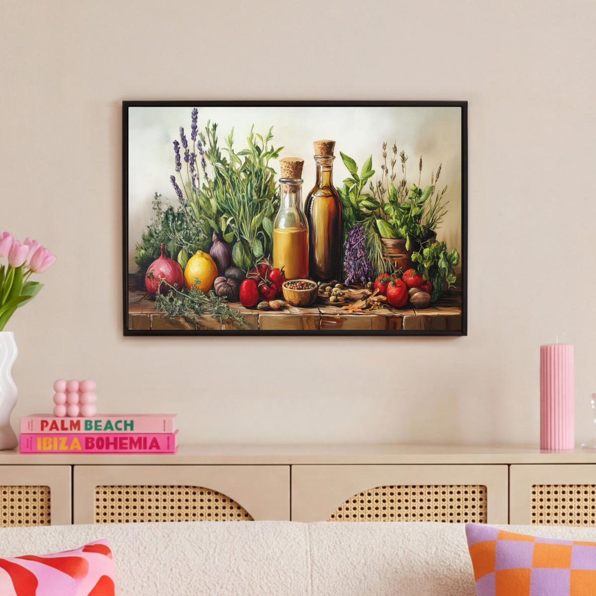 LEINWAND Bilder mit Rahmen - Stilleben - Kräuter - Gewürze - Früchte - Farbenfroh - 60x40 - Grün, Textil (60/40cm) - MuchoWow