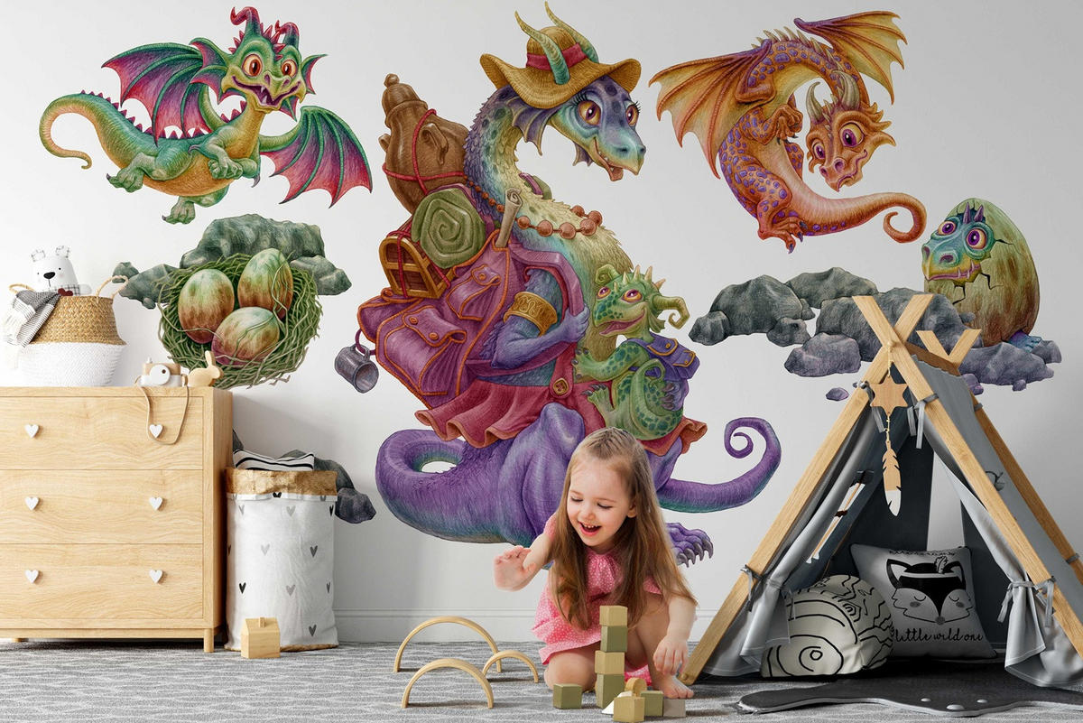 AUFKLEBER 100x122 cm Drachen Familie - Multicolor, Kunststoff (100/122/0.1cm) - TULUP