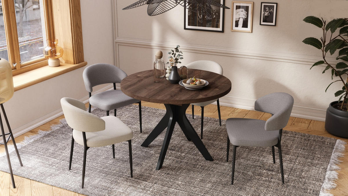 ESSTISCH rund Eiche dunkel - Schwarz matt ausziehbar - Schwarz/Braun, Holzwerkstoff (110/110/77cm) - designimpex