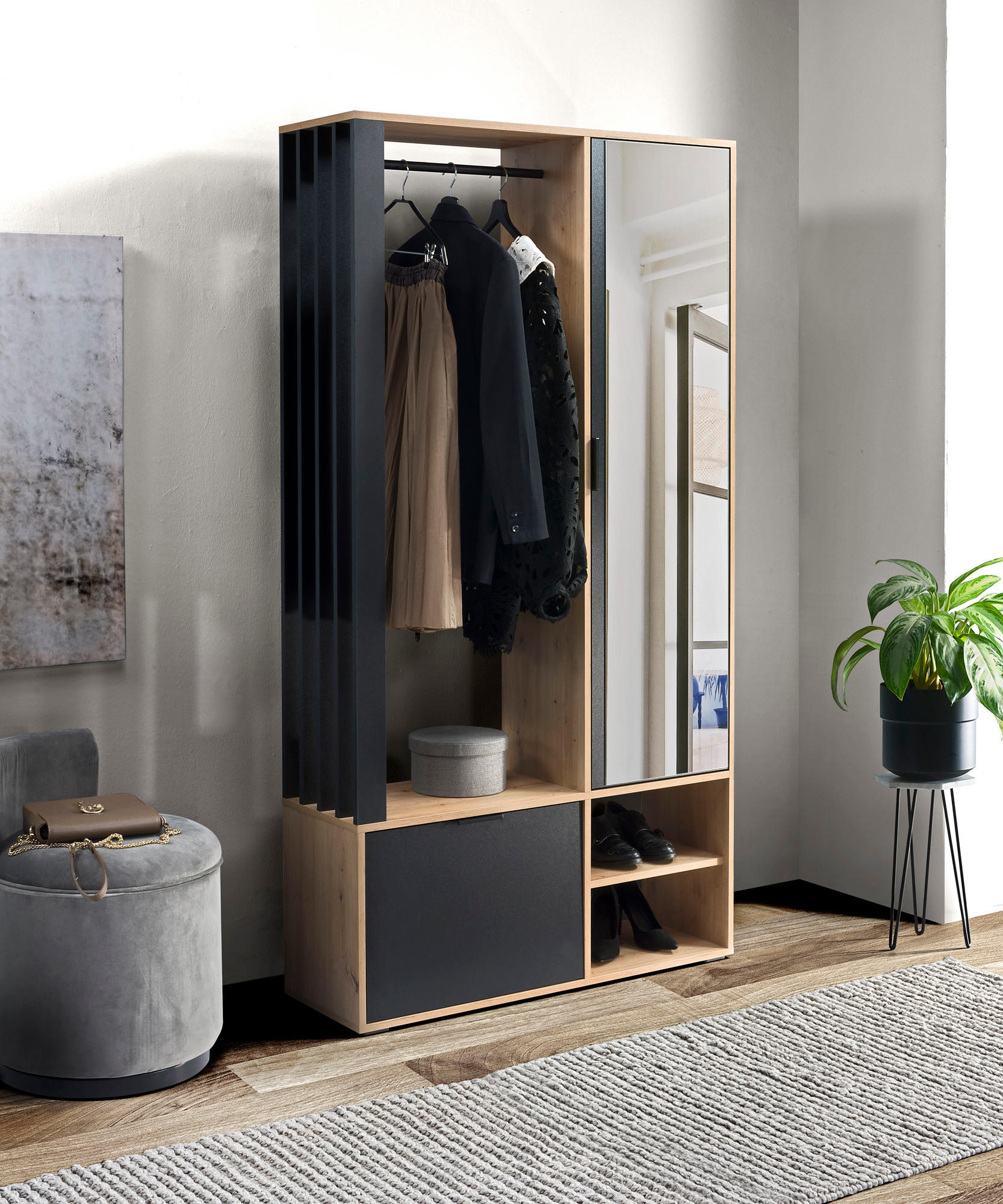 GARDEROBEN-SET Lena mit Spiegel, Sitzbank & Kleiderstange – 100/189/33 cm – Artisan Eiche/ Schwarz - Schwarz/Eiche Artisan, Holzwerkstoff (100/189/33cm) - WFL GROUP