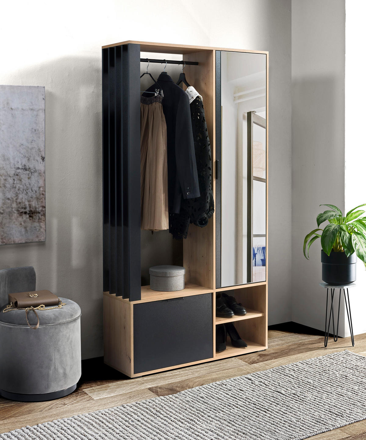 GARDEROBEN-SET Lena mit Spiegel, Sitzbank & Kleiderstange – 100/189/33 cm – Artisan Eiche/ Schwarz - Schwarz/Eiche Artisan, Holzwerkstoff (100/189/33cm) - WFL GROUP