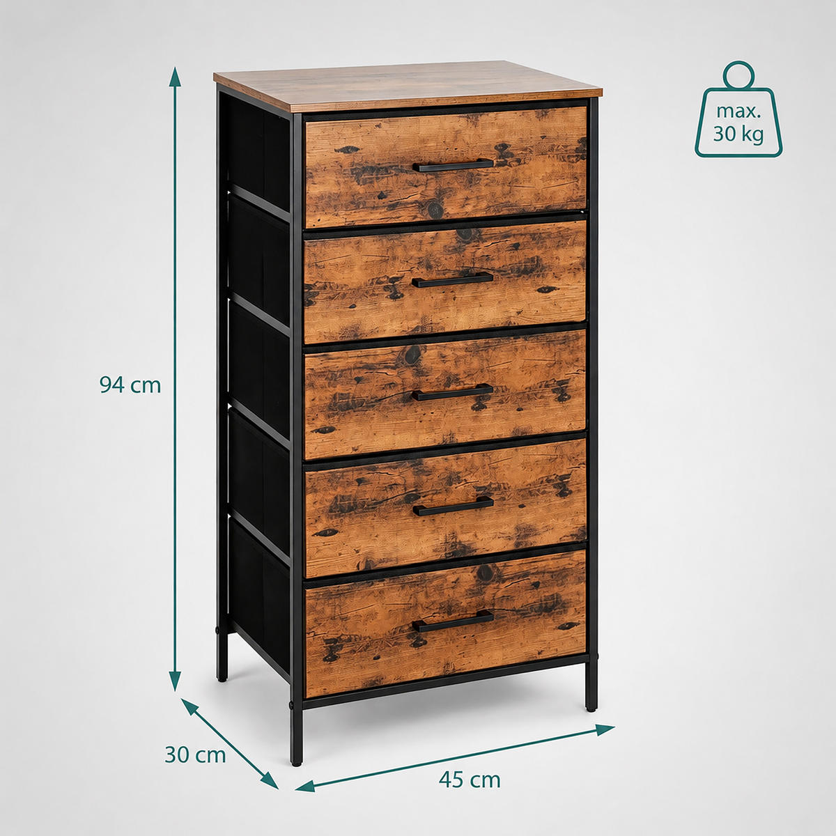 KOMODA Crna 5 ladica - smeđa, drvni materijal/metal (45/94/30cm) - Relaxdays