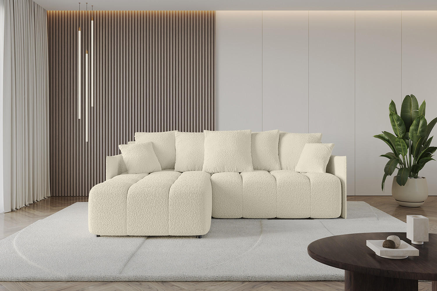 ECKSOFA Ottomane links LONLI-L 251x189x68 Creme Bouclé - Creme, Holzwerkstoff/Kunststoff (251/189cm) - ALTDECOR