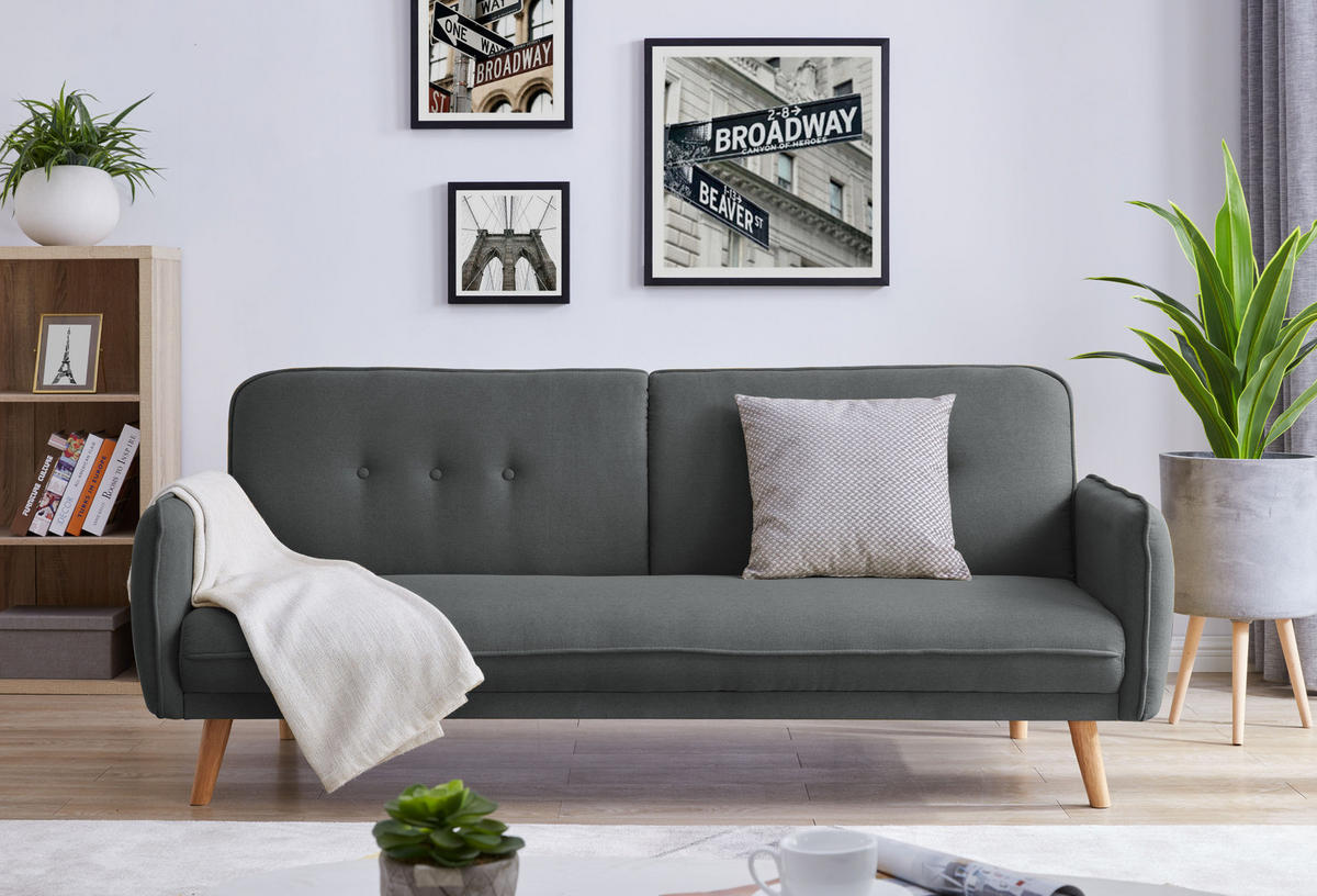SCHLAFSOFA nora grau 3-sitzer stoff - Grau, Holz (188/80/85cm) - Concept Usine