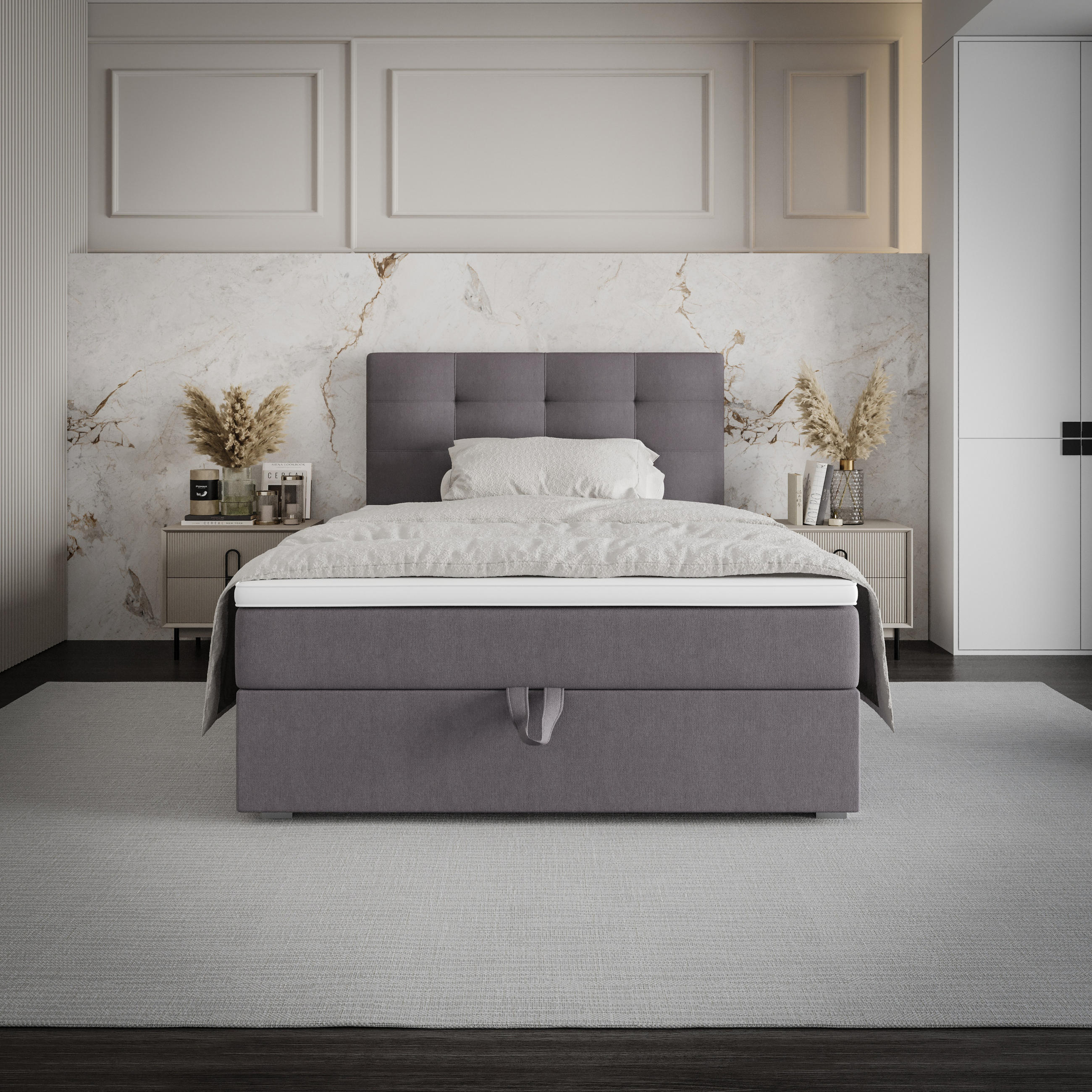 BOXBETT FADO 11 100x200, mit Matratze H3, Bonell und Topper, Cosmic 160 - Hellgrau, Holz/Kunststoff (100/200cm) - Bedante