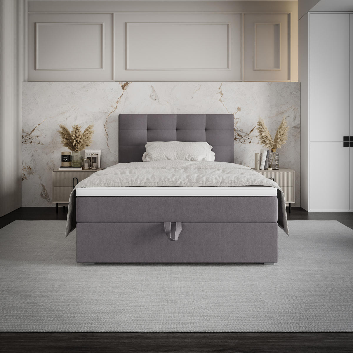 BOXBETT FADO 11 120x200, mit Matratze H3, Bonell und Topper, Cosmic 160 - Hellgrau, Holz/Kunststoff (120/200cm) - Bedante