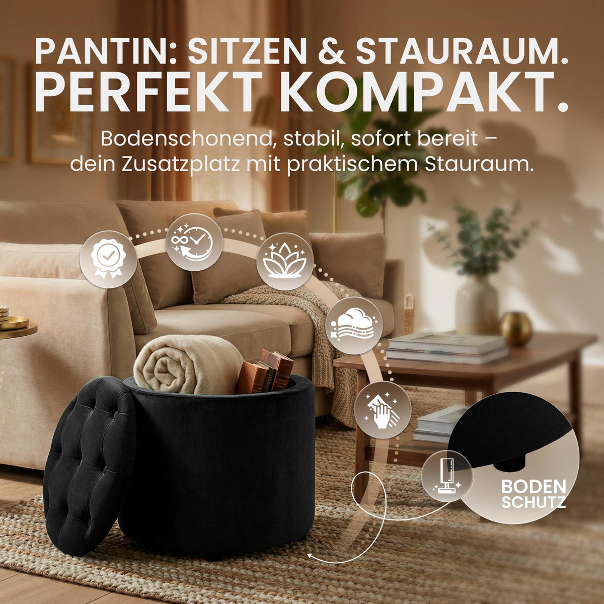 SITZWÜRFEL Samt Schwarz - Schwarz, Kunststoff/Textil (44/42/44cm) - CLP