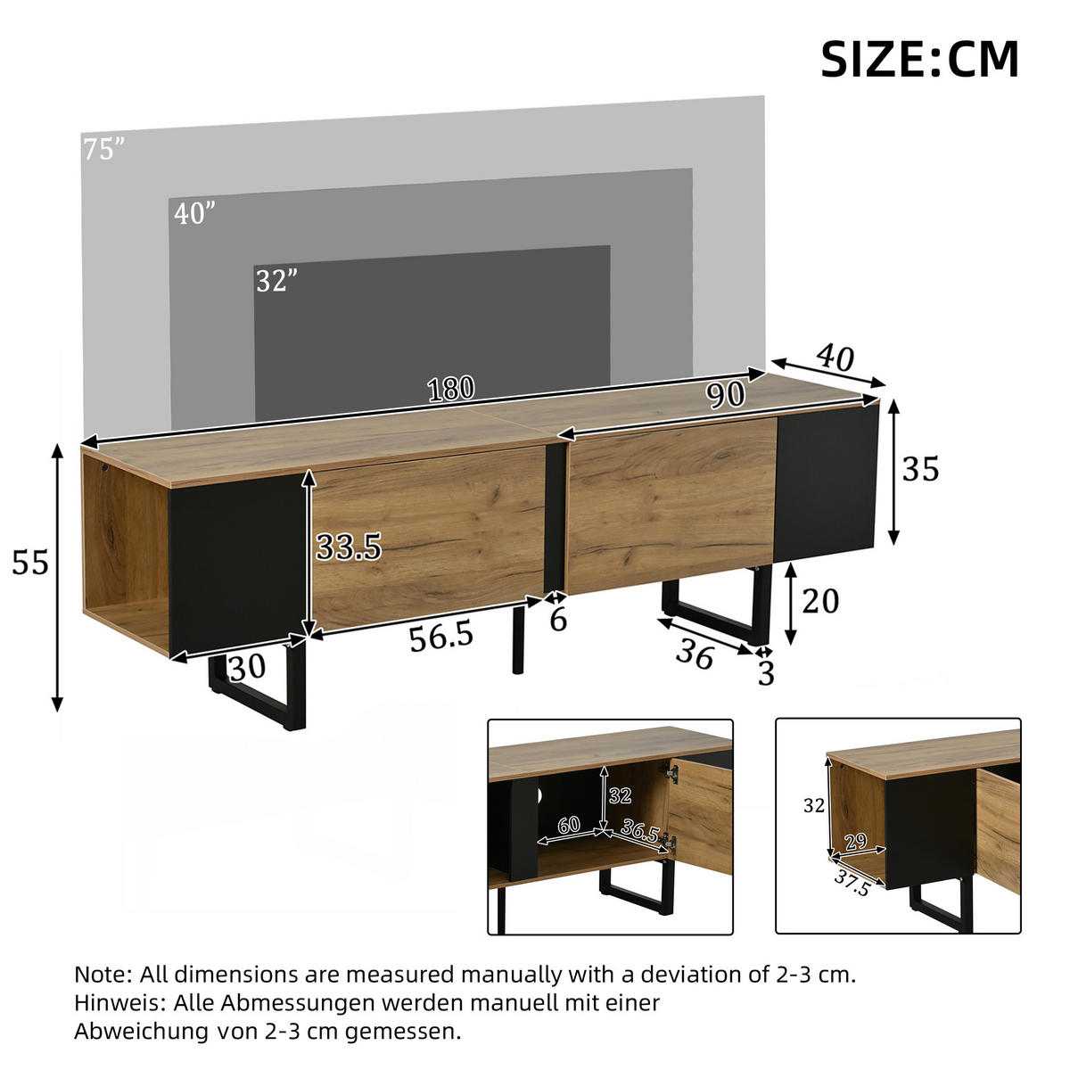 TV STOLEK přírodní barva se 2 skříňkami a otevřenými policemi, pro TV do 75", 180 × 40 × 55 cm - přírodní/černá, kov/kompozitní dřevo (180/55/40cm) - STILVORA