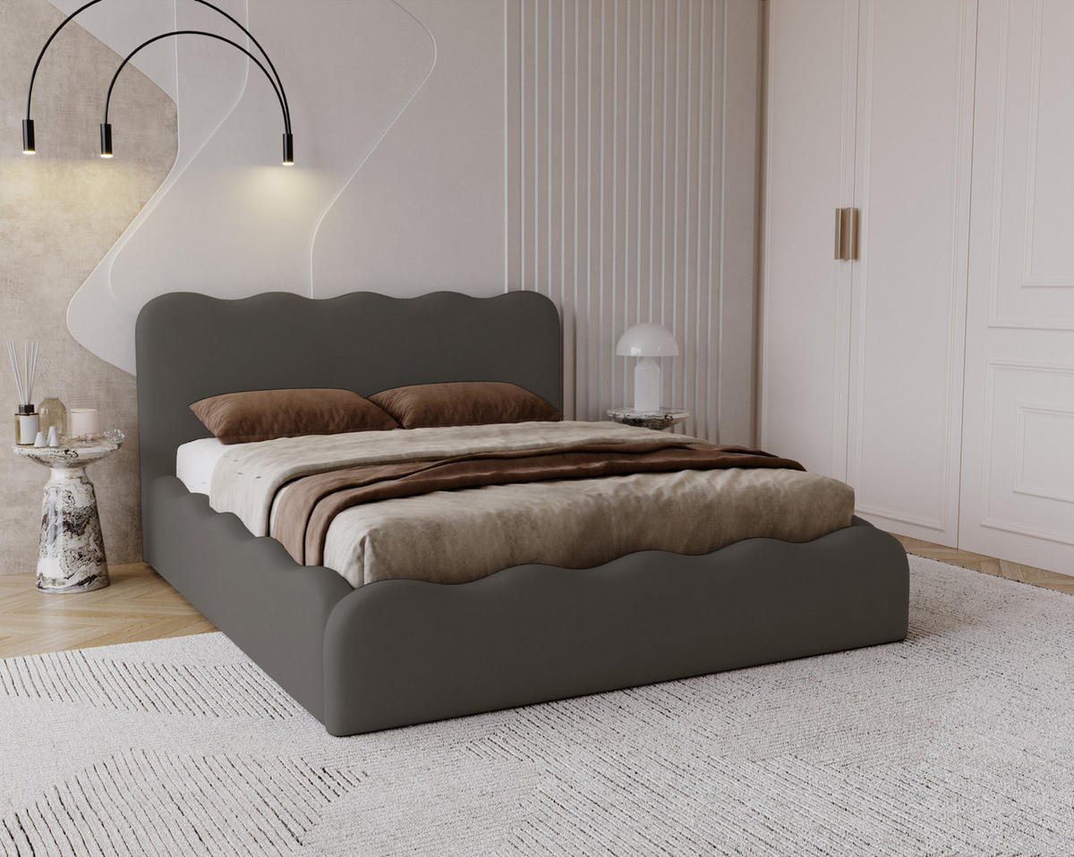 POLSTERBETT 140x200 Wave, Bettkasten, Samtstoff, Dunkelgrau - Dunkelgrau, Holz/Textil (140/200cm) - Emporius