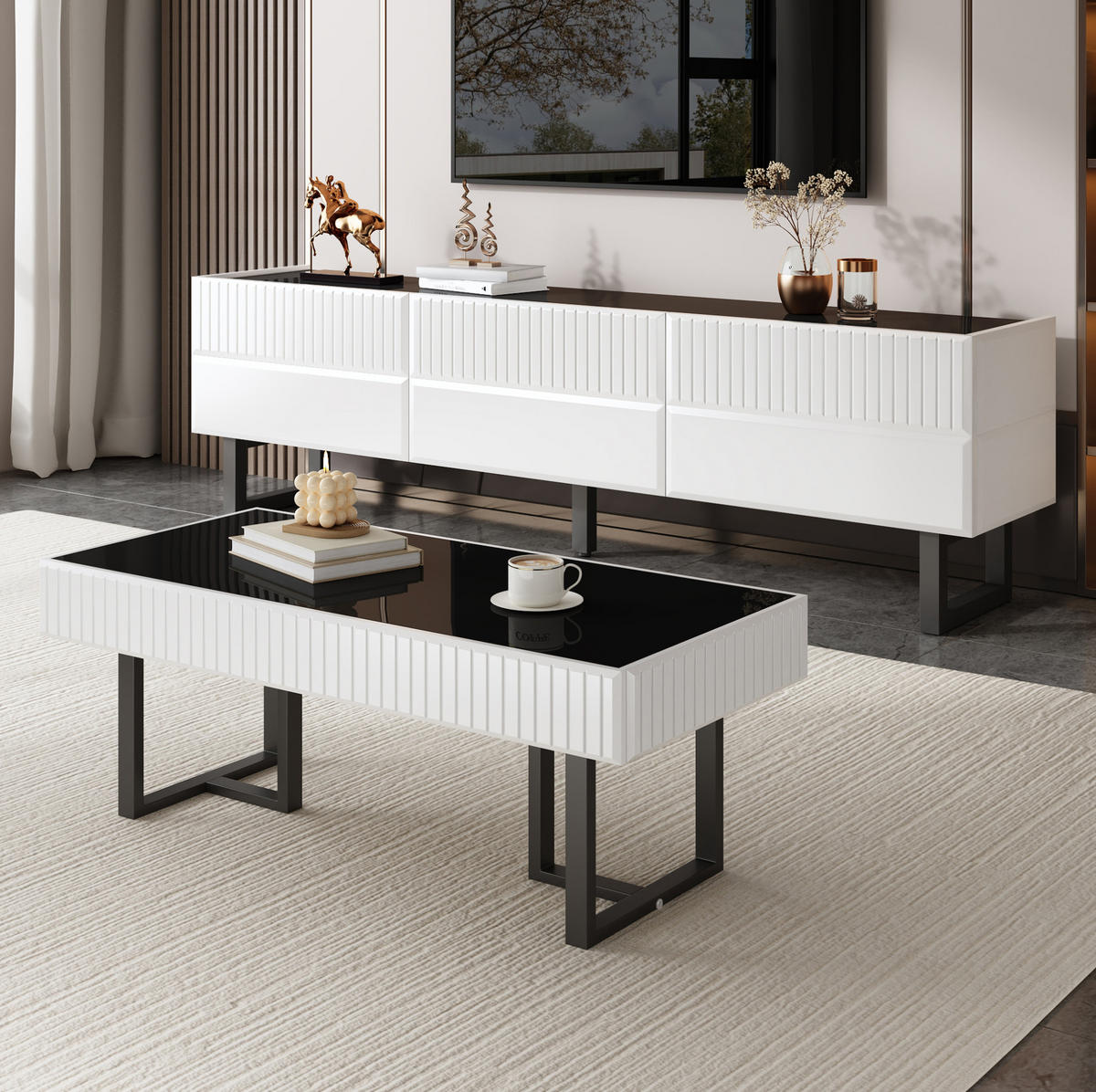 COUCHTISCH Hochglanz 110 x 50,5 x 41 cm Schwarz-Weiß - Schwarz, Metall (110/50.5/41cm) - Meubliv