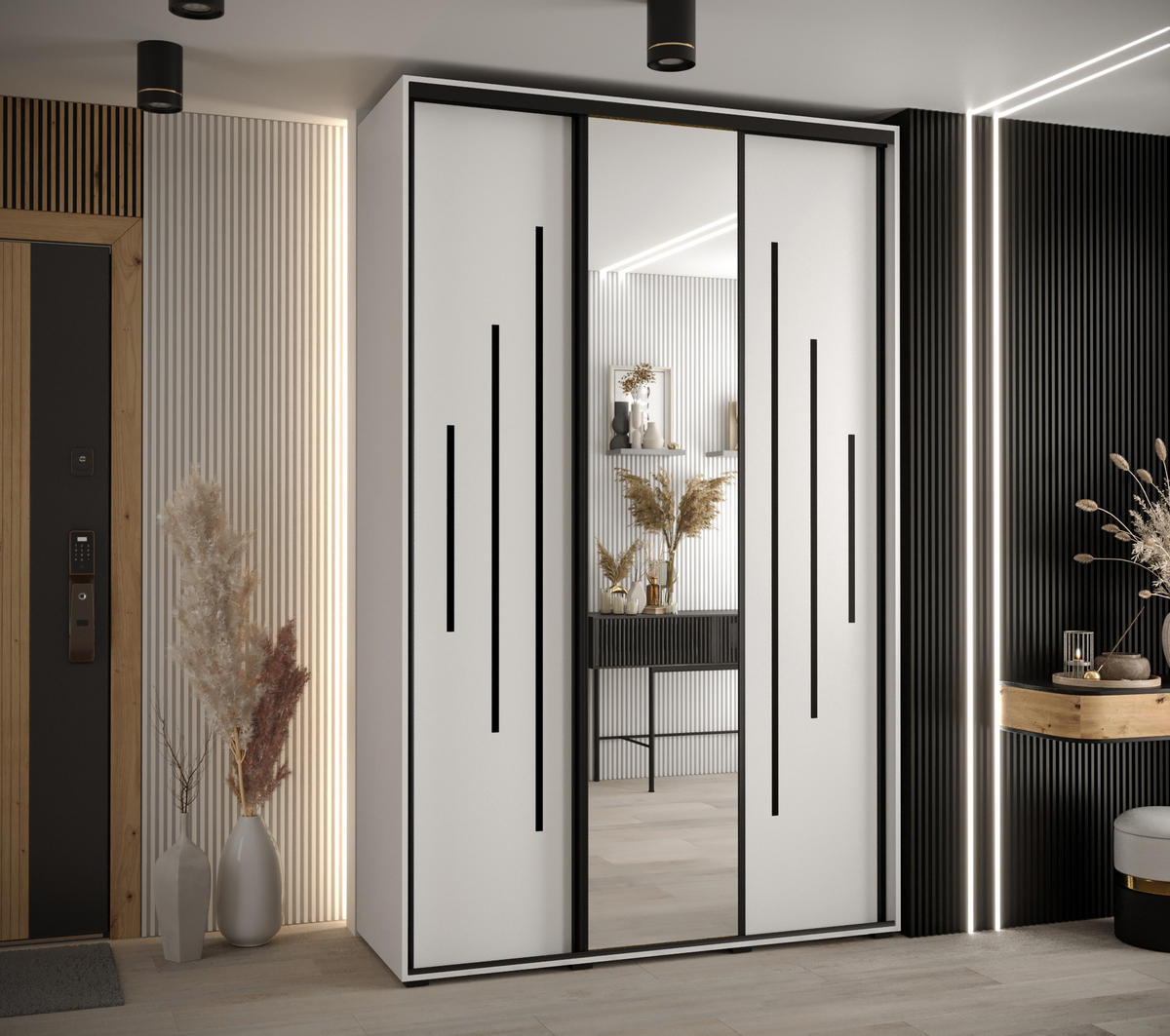 SCHWEBETÜRENSCHRANK 235,2/150/60 3-türig - Schwarz/Weiß, Holz/Metall (150/235/60cm) - Abiks Möbel