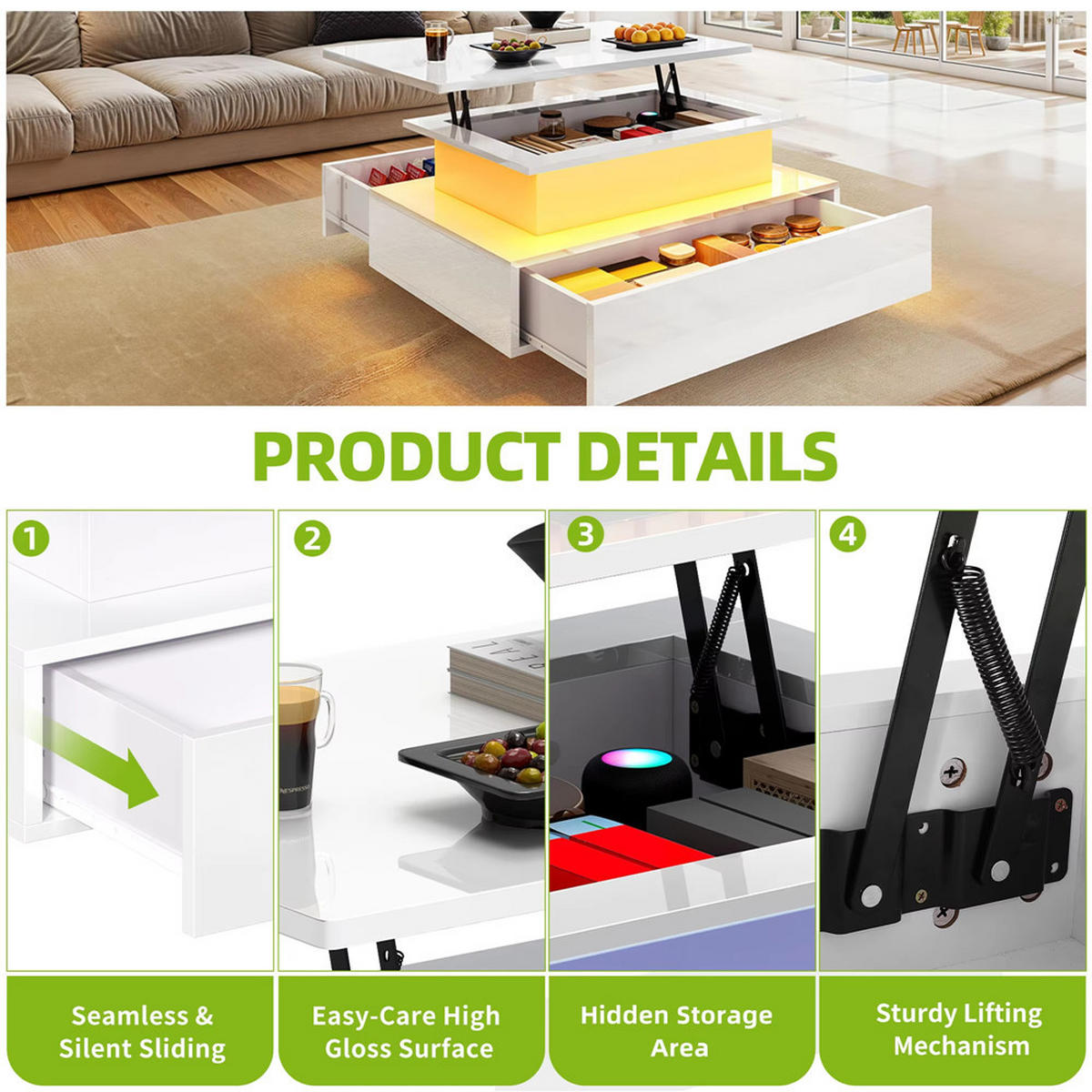 COUCHTISCH Lift-Top LED 16 Farben 2 Schubladen Weiß modern - Weiß, Holz (55/85/56cm) - Kaket