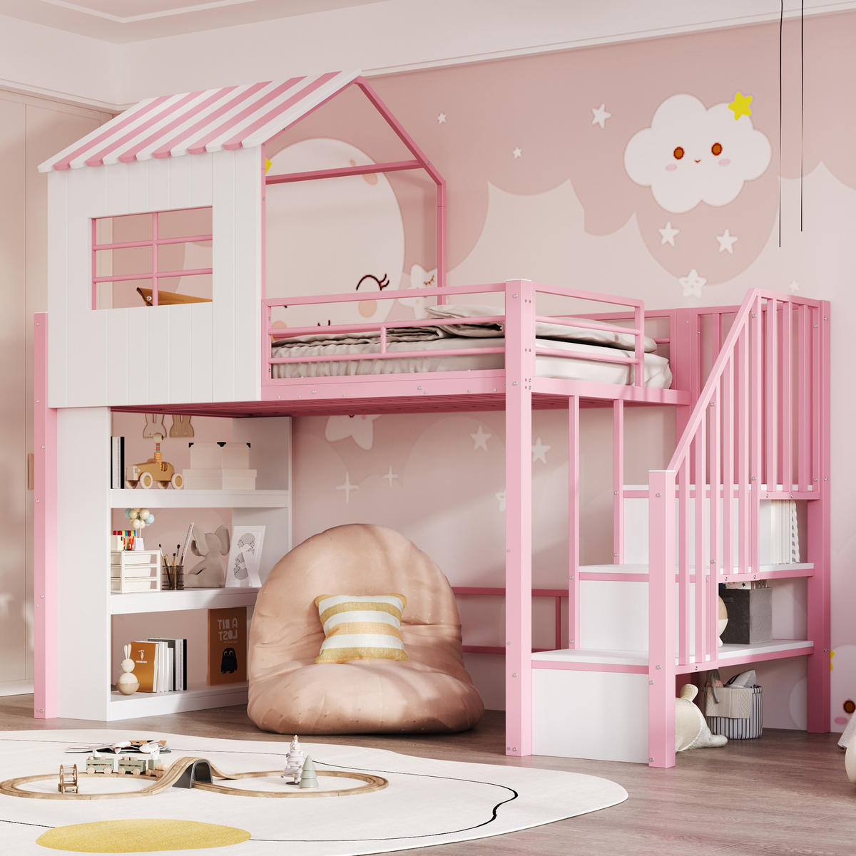 HOCHBETT 90x200 cm in Rosa mit Stauraumtreppe und Regal - Pink, Holzwerkstoff (90/200cm) - IVMEU