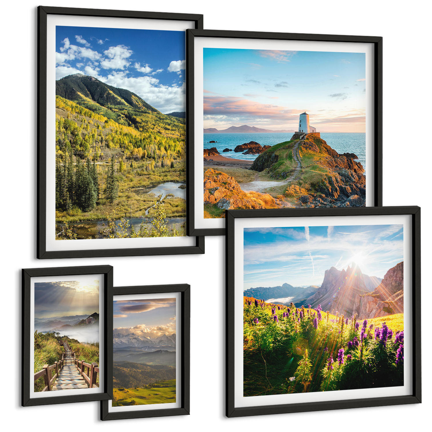 BILDER SET 5er Set - 50x50 cm & 20x30 cm & 40x60 cm Schwarzer Rahmen - Berglandschaften Wasserfall - Schwarz, Kunststoff (40/60cm) - TULUP