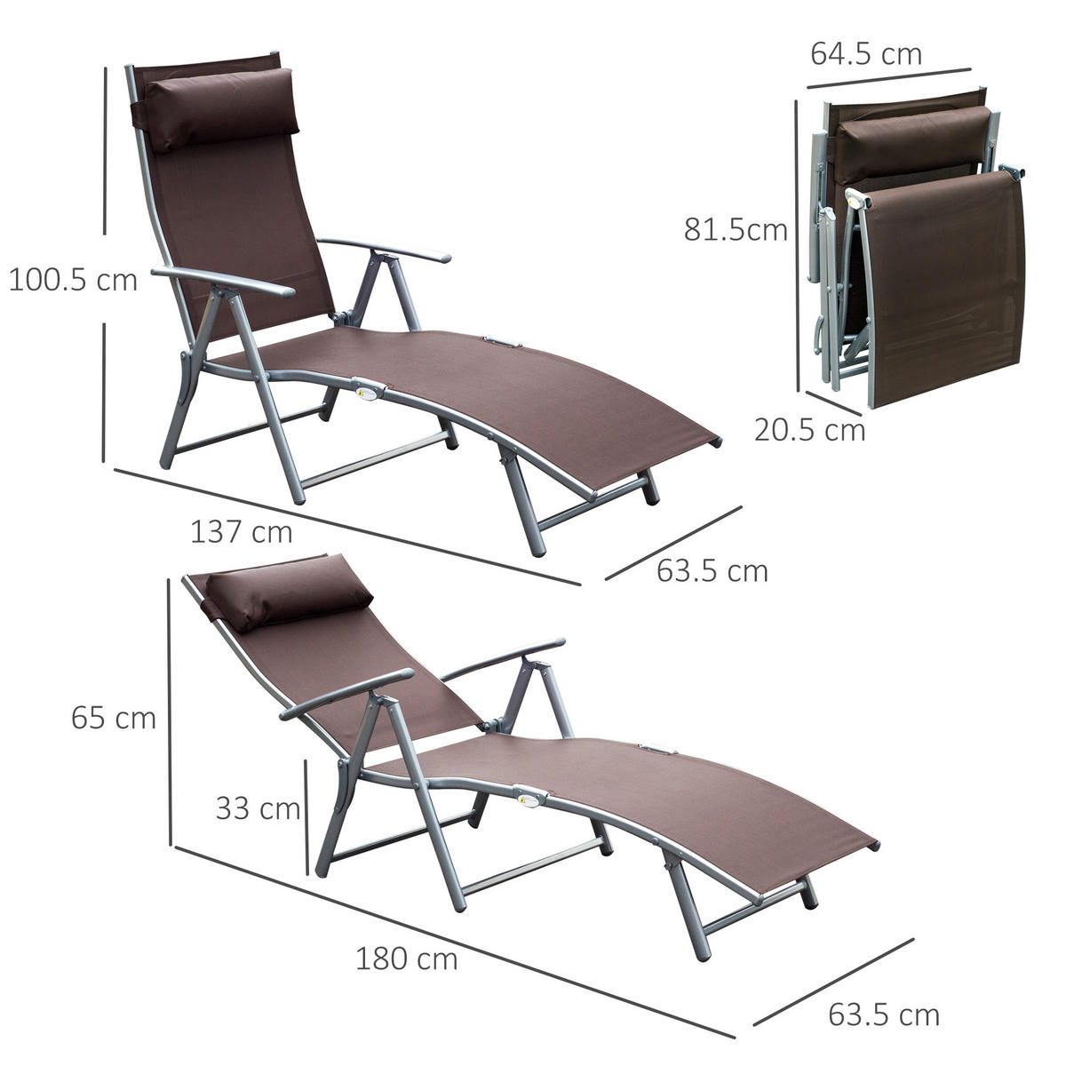 SONNENLIEGE Gartenliege klappbar mit Kissen Braun - Braun, Metall (63.5/100.5/137cm) - ComfortXL