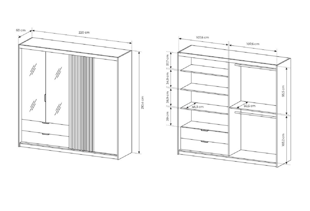 KLEIDERSCHRANK 220 cm mit Spiegel Arcadia, Schubladen, Eiche Artisan - Eiche Artisan, Holz (220/210/60cm) - Emporius